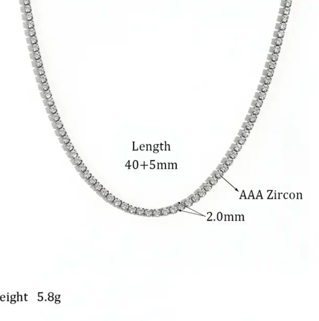 HoopLa Style - Tennis Necklace. Premium PV plated stainless CZ. : White Gold / 2mm