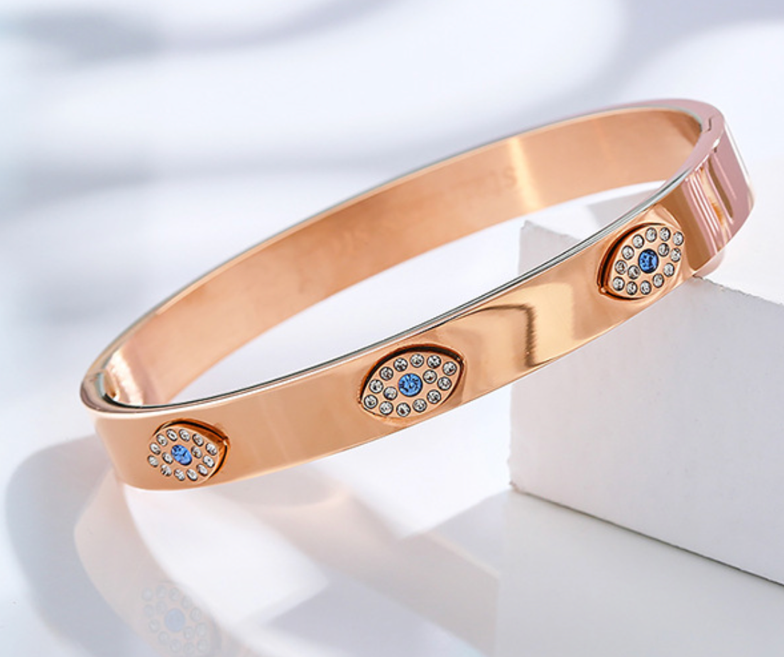 HoopLa Style - Evil Eye Hinge Bangle - 14K Gold PVD Stainless Steel: Rose Gold