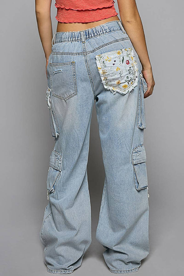 Floral patches multi pockets solid cargo pants: LIGHT DENIM