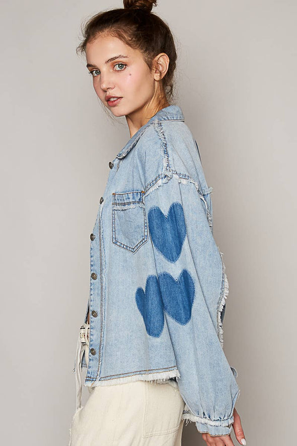 Oversize long sleeve heart pattern frayed edge denim shacked DENIM