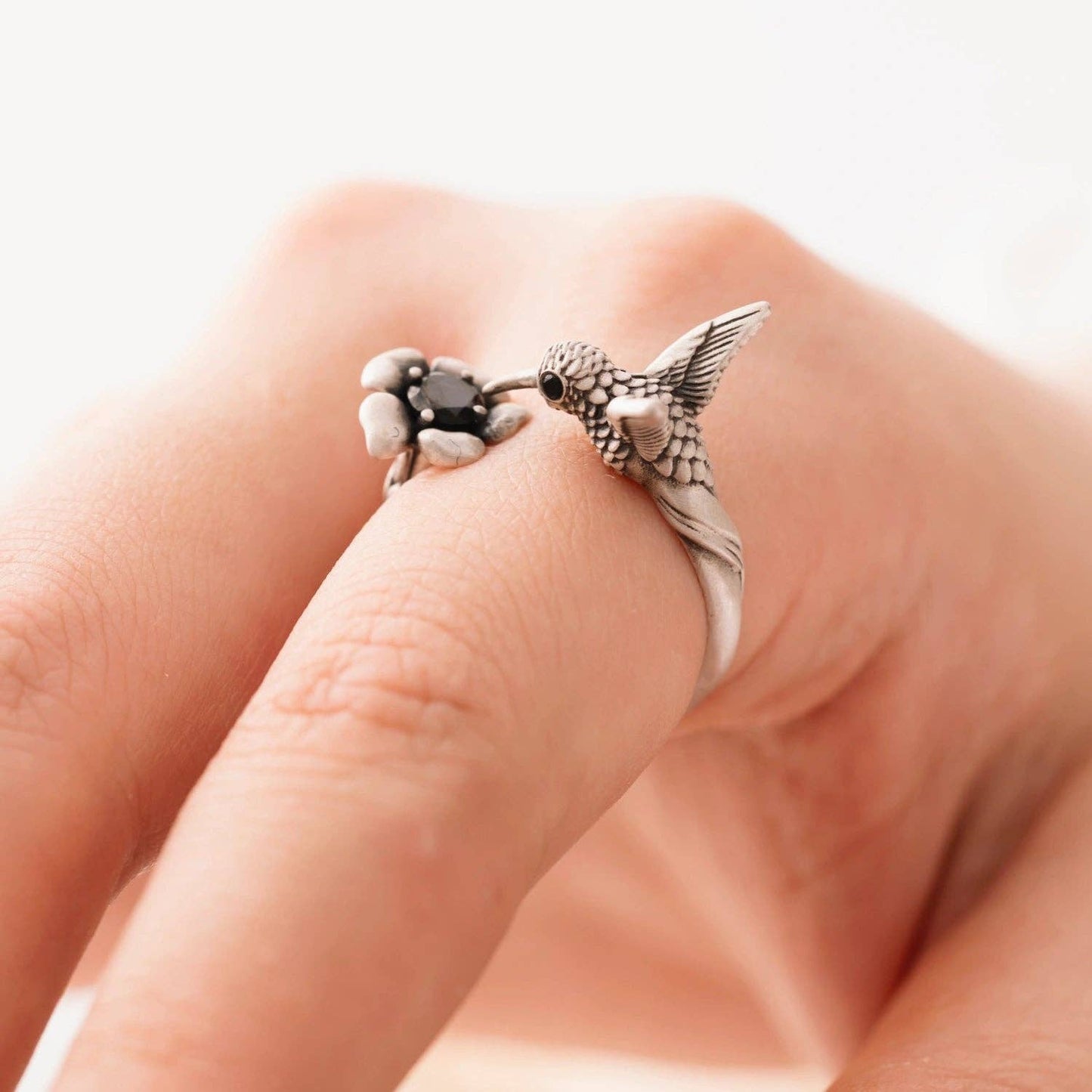 Hummingbird Ring: Oxidized Silver & Black Zircon / #6