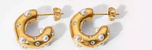 HoopLa Style - Puffy Pearl/Crystal Hoop Earring. Earrings 14K, Steel: Crystal