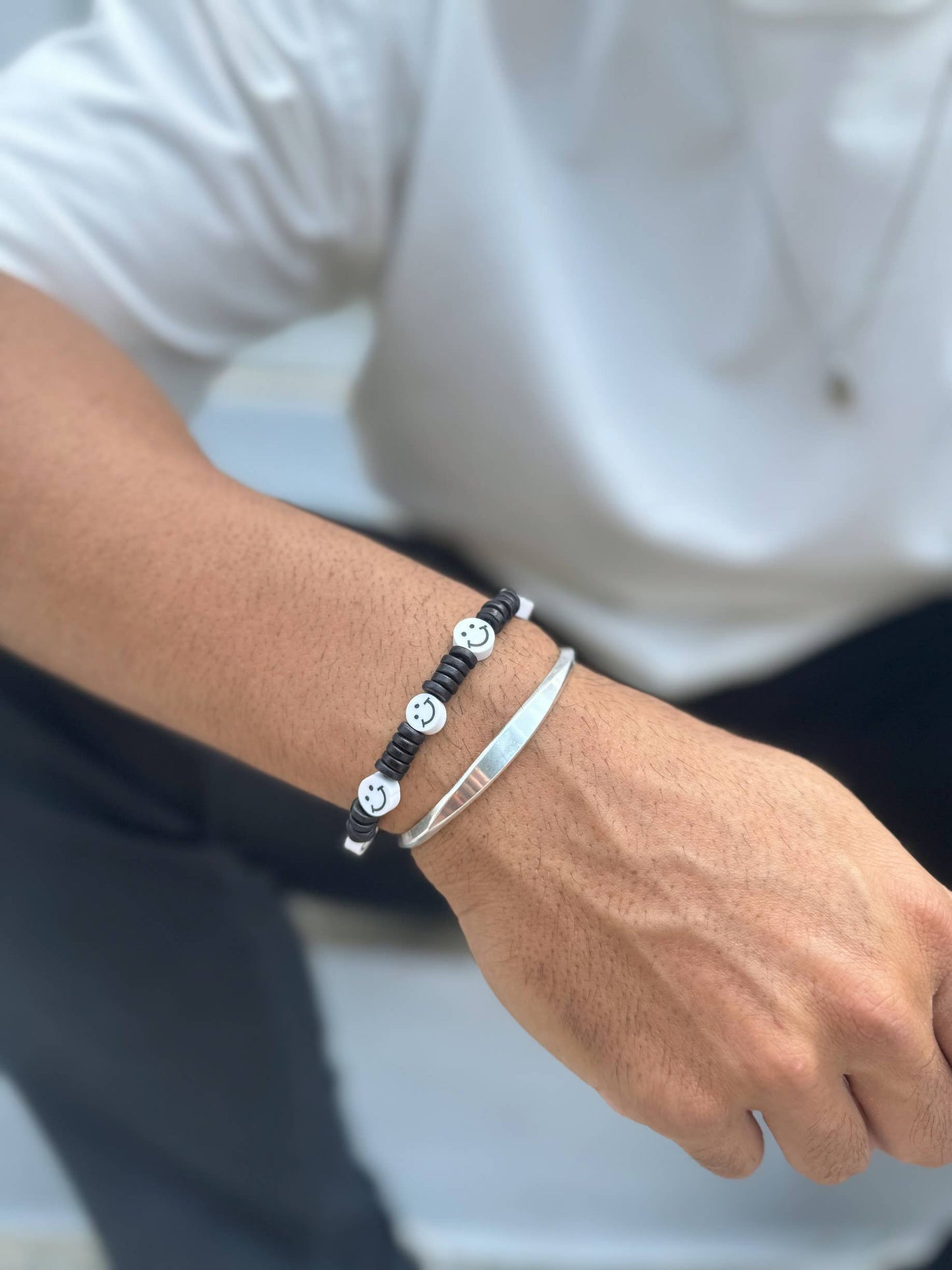 Men's Bracelet, Happy Bracelet, Silver Bangle Bracelet Men,: 21cm / Happy Beads Bracelet