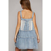 Frayed edge button suspender denim skirt