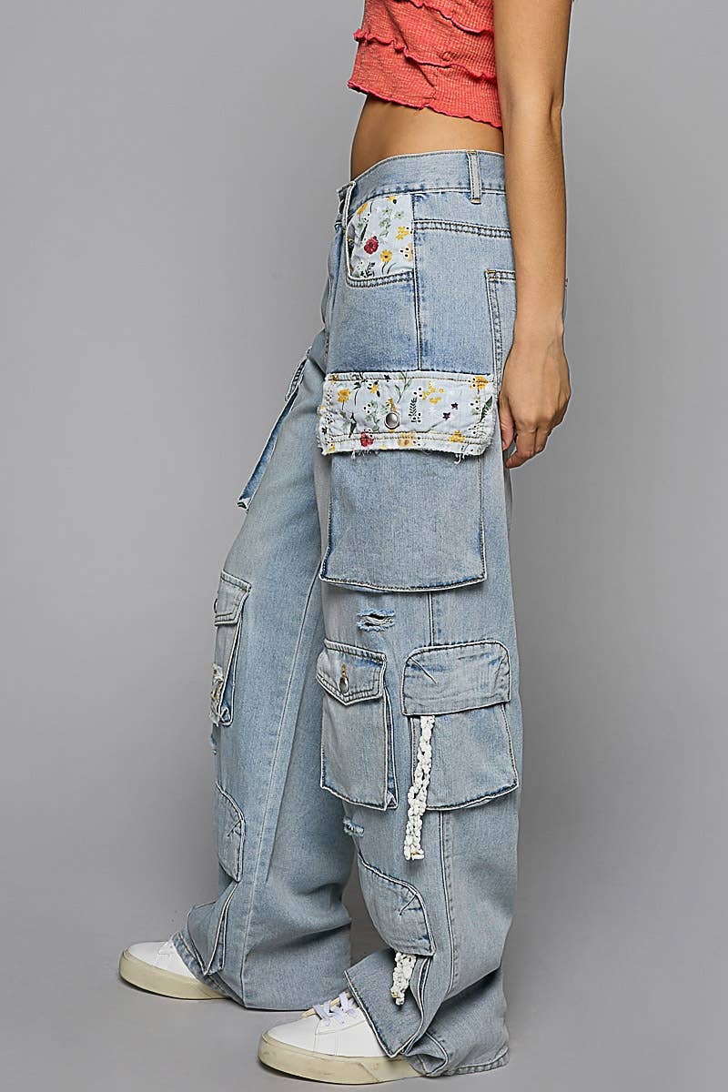 Floral patches multi pockets solid cargo pants: LIGHT DENIM