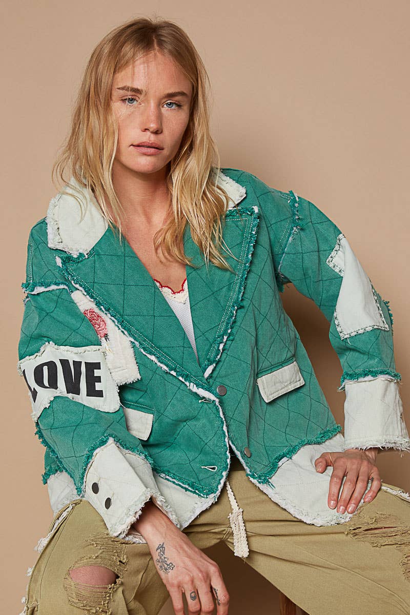 Colorblocked twill patch studded back heart jacket: TEAL GREEN