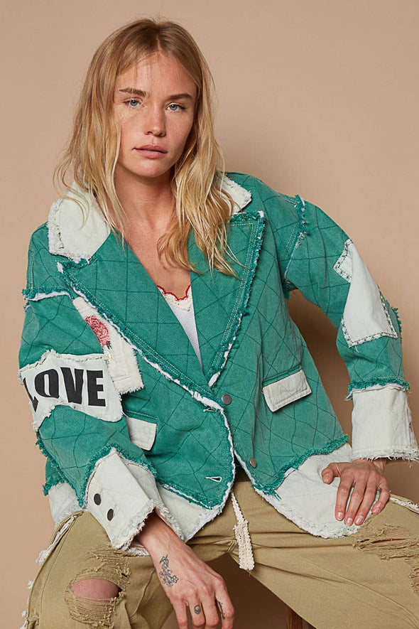 Colorblocked twill patch studded back heart jacket: TEAL GREEN