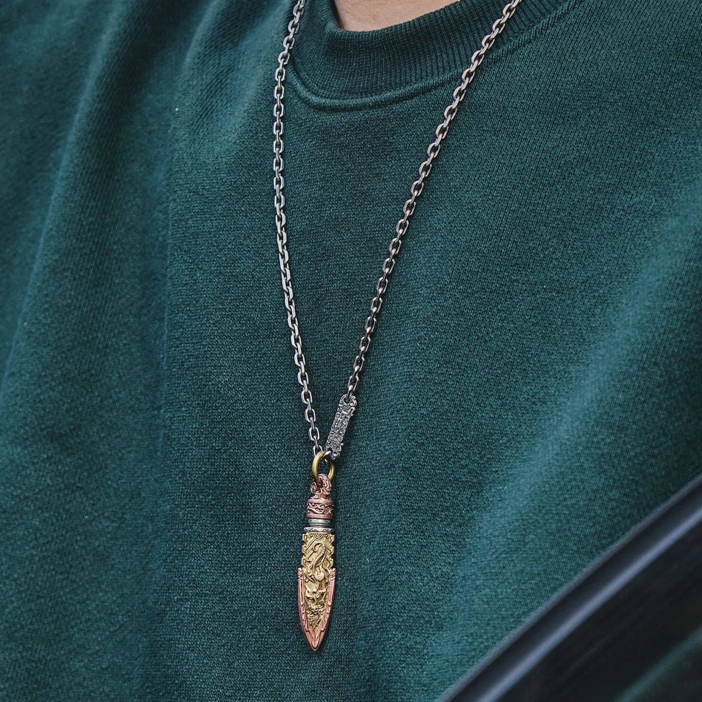 Arrowhead Capsule Pendant: 21" / Brass / 4mm Black Ball Chain