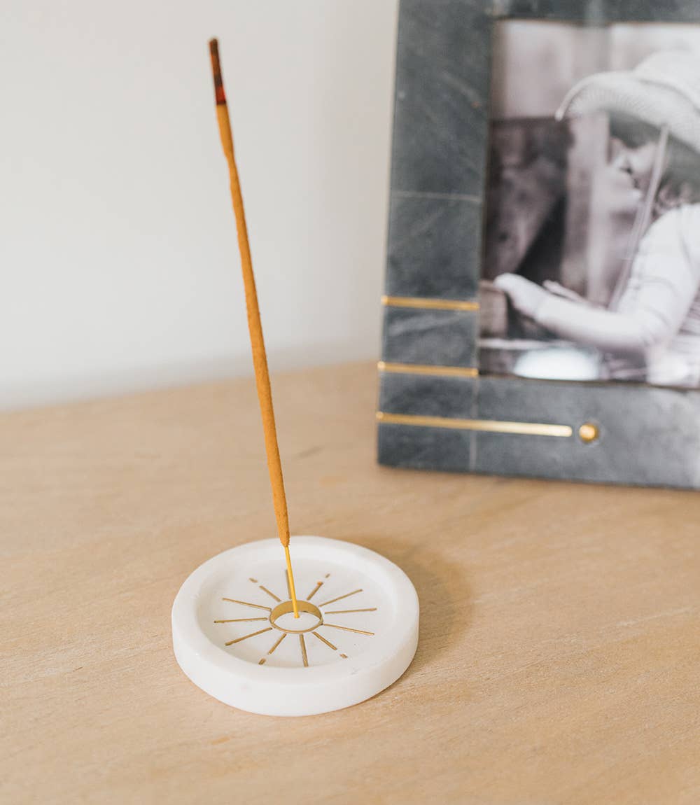 Indukala Round Moon Incense Holder - White Carved Marble