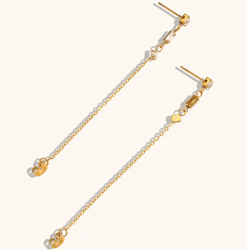 HoopLa Style - Chain Earring- 3 CZ station Chain Stainless Steel 14K Gold