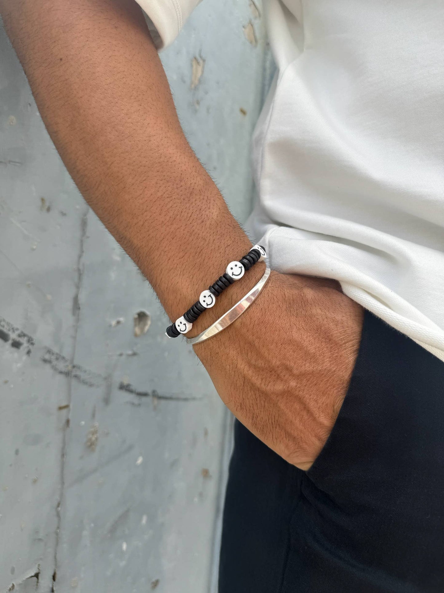 Men's Bracelet, Happy Bracelet, Silver Bangle Bracelet Men,: 21cm / Happy Beads Bracelet