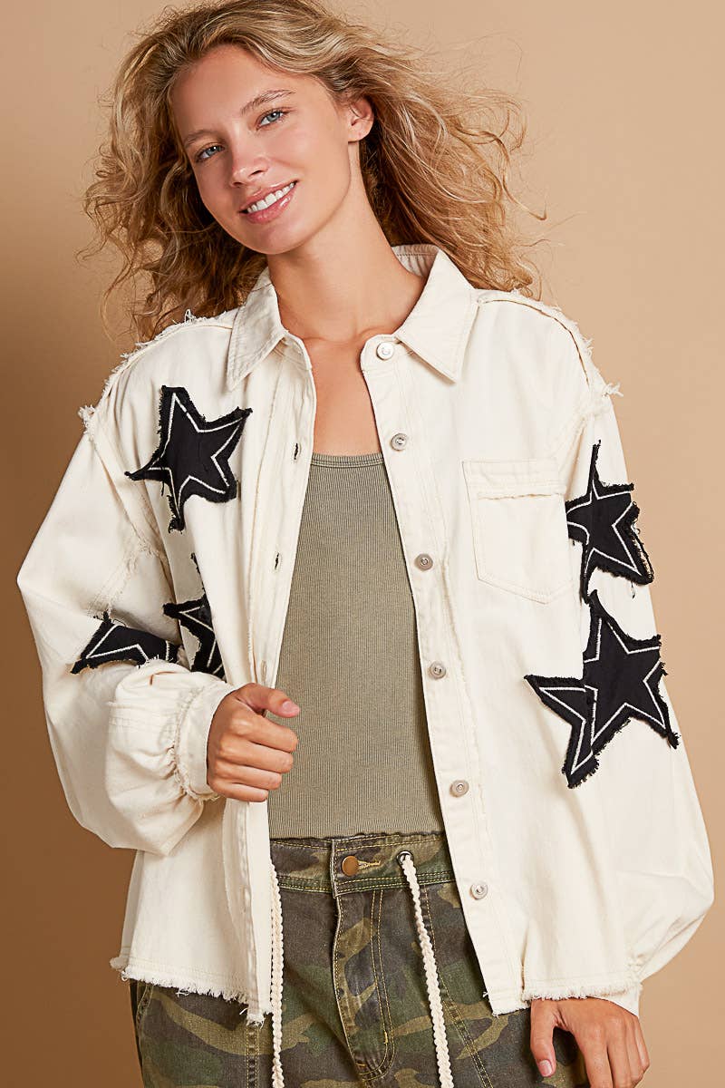 Balloon sleeve twill collar jacket with star patch