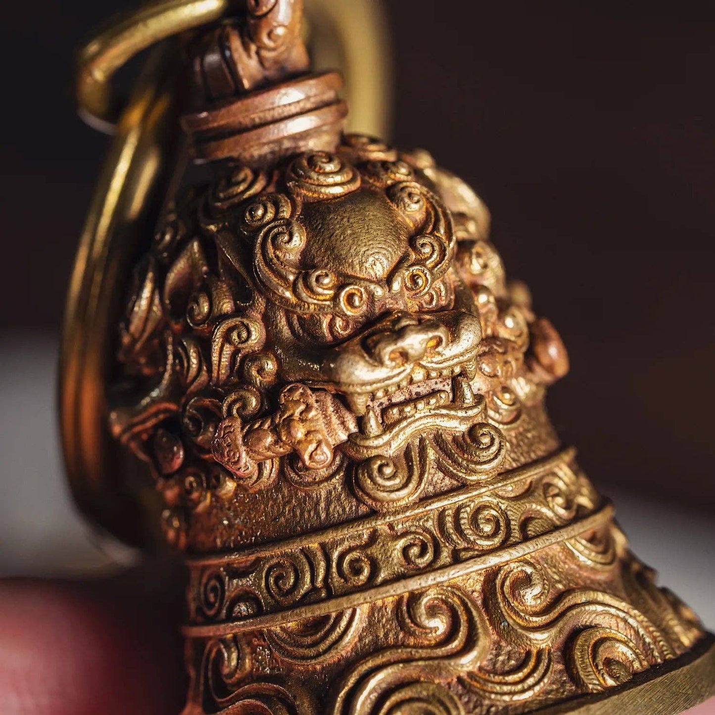 Lion-Biting Sword Bell: Brass & Silver