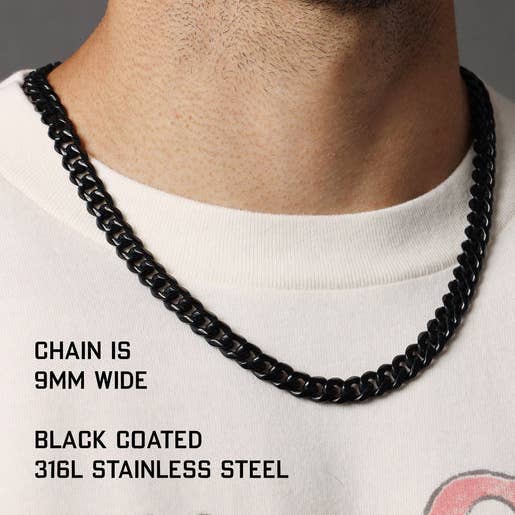 9mm Black Miami Cuban chain in black 316L Stainless Steel: 20"