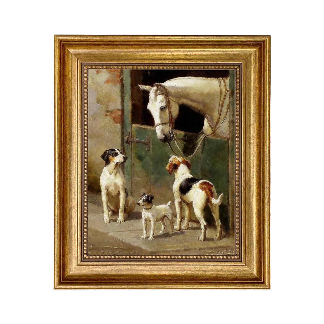 Dog and Horse at Stable Framed Oil Painting Print on Canvas: 8 x 10