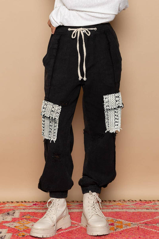 Tie waistband contrast crochet cargo pockets denim joggers: BLACK