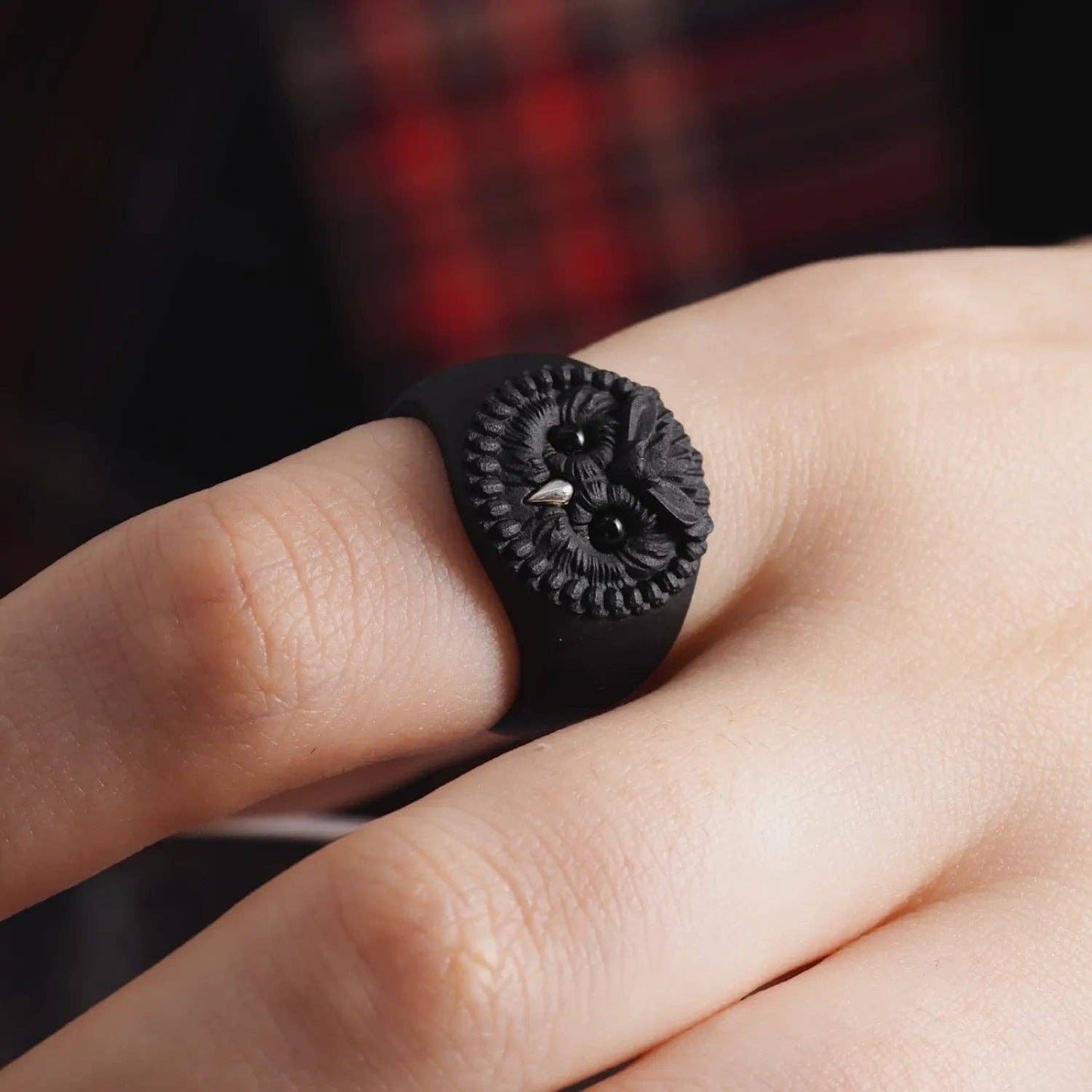 Owl Ring: Black & Silver & Black Agate / #9