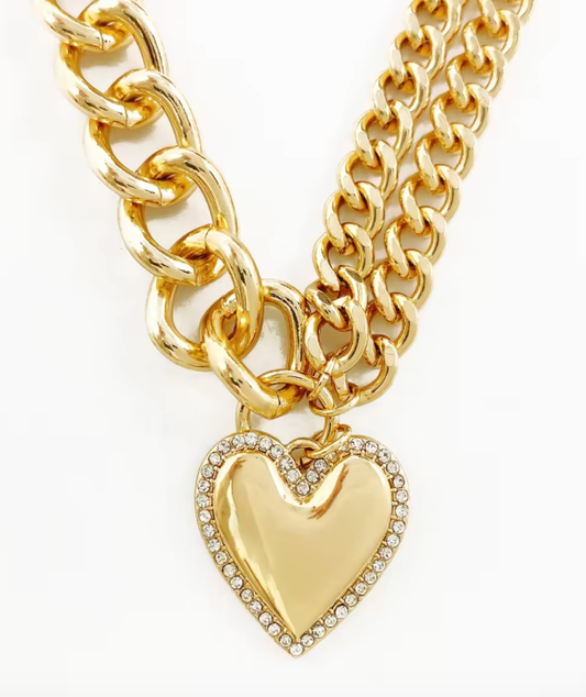 HoopLa Style - Whole Hearted Chain Heart Crystal Necklace: Yellow Gold