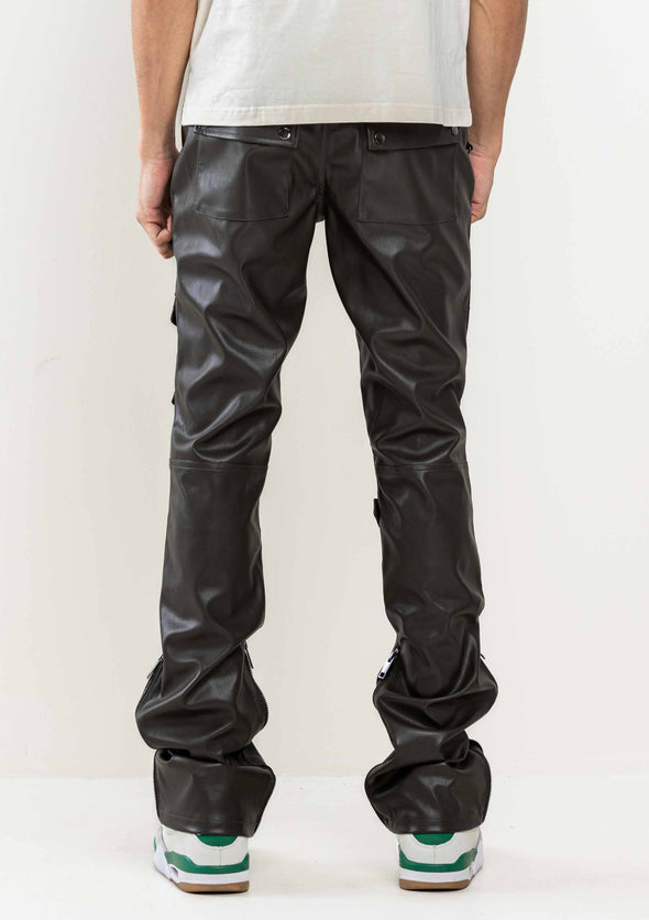 PREMIUM LEATHER MULTI CARGO STACKED  PANTS: DK Olive