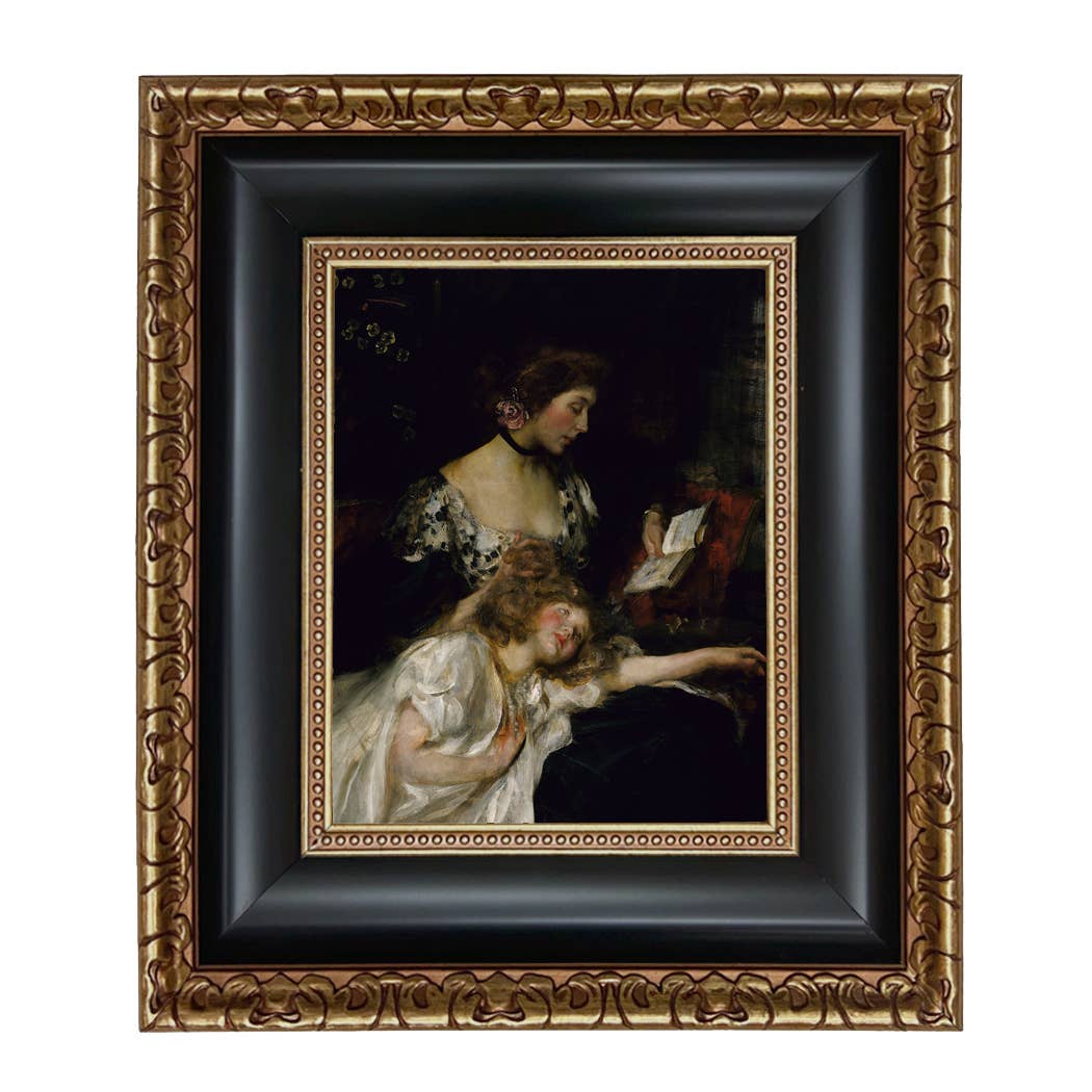 Portrait of Mother and Child Oil Painting Print on Canvas: Antique Black & Gold / 5" x 6"