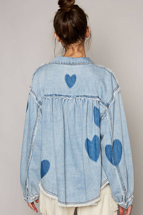 Oversize long sleeve heart pattern frayed edge denim shacked DENIM