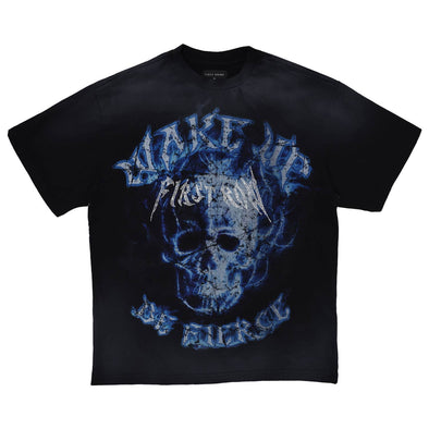 WAKE UP AND BE FIERCE FLAME SKULL WASHED TEE: Black