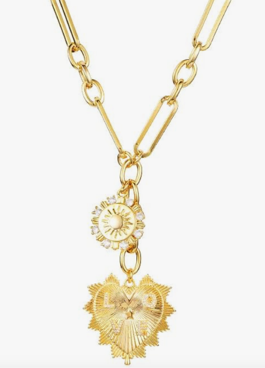 HoopLa Style - HEART Charm-Lariat Necklace 14K CZ- Charm: Yellow Gold