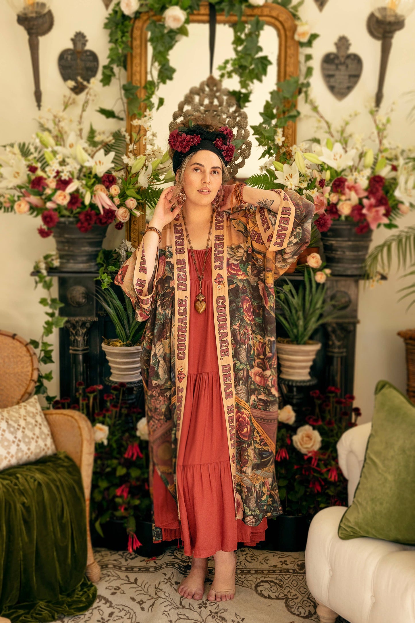 Courage Dear Heart Boho Kimono Duster Robe with Sacred Heart