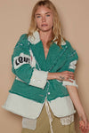 Colorblocked twill patch studded back heart jacket: TEAL GREEN