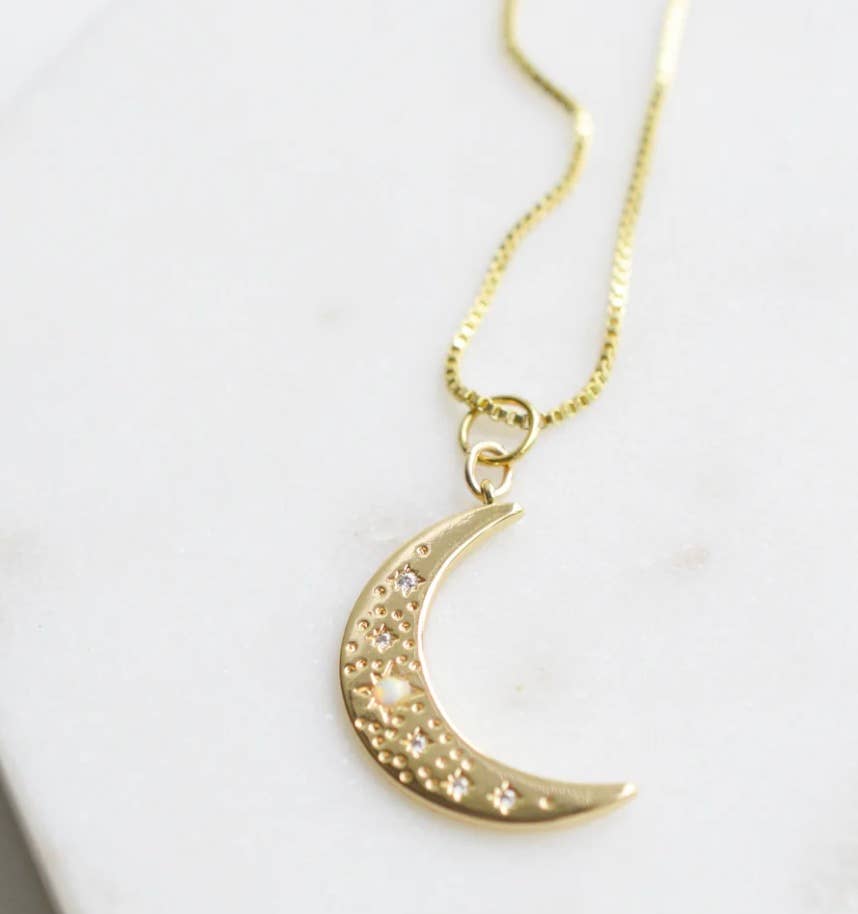 HoopLa Style - Crescent Moon Opal and Crystal Steel 14K Gold Necklace