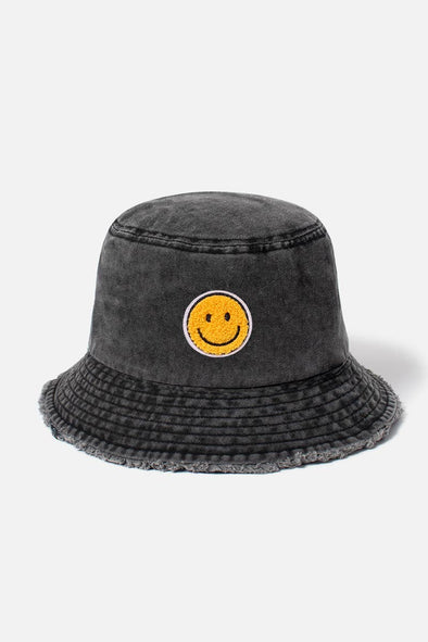 Chenille Patch Smiley Face Bucket Hat: Black