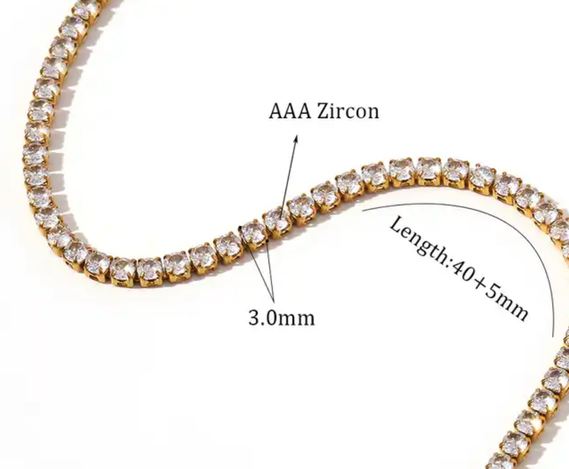 HoopLa Style - Tennis Necklace. Premium PV plated stainless CZ. : White Gold / 2mm