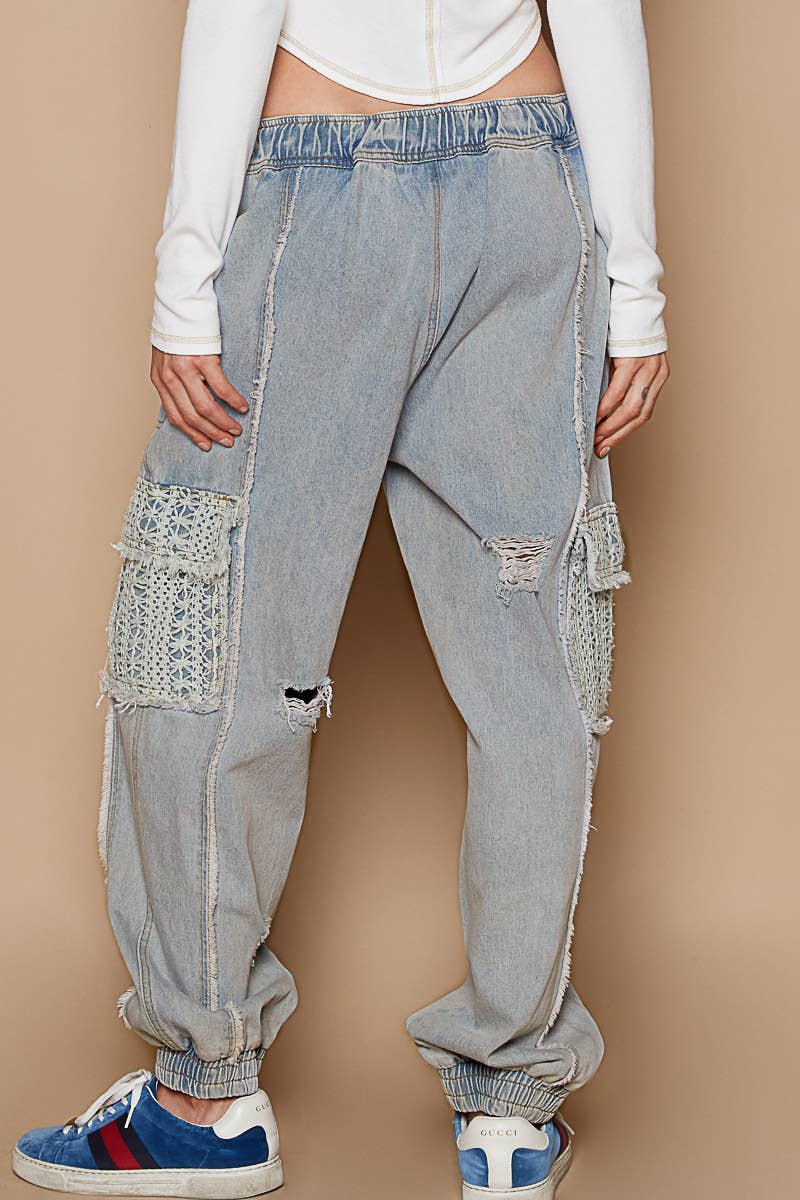 Tie waistband contrast crochet cargo pockets denim joggers: BLACK