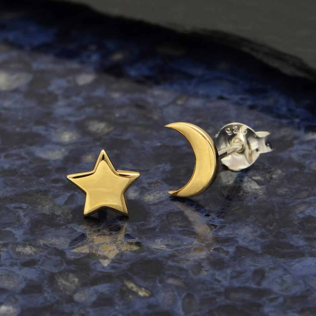 Star and Moon Stud Earrings 7x5mm: Recycled Sterling Silver