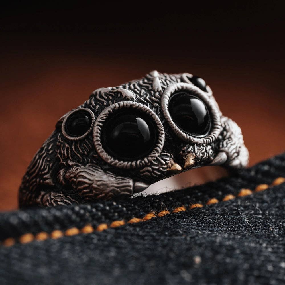 Jumping Spider Ring - Oxidized Silver: Oxidized Silver & Black Agate / #11