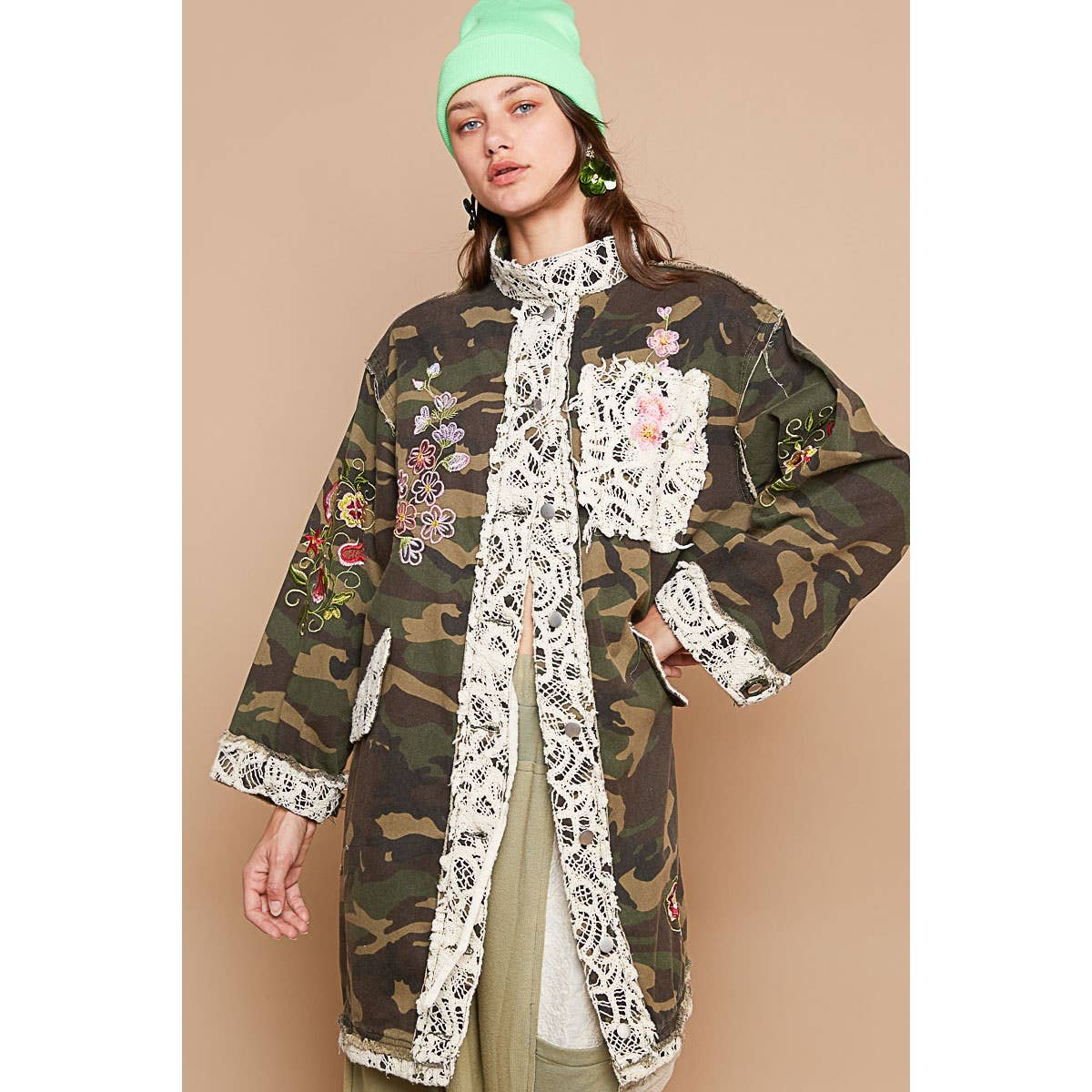 Oversized camo print crochet detail jacket: CAMO