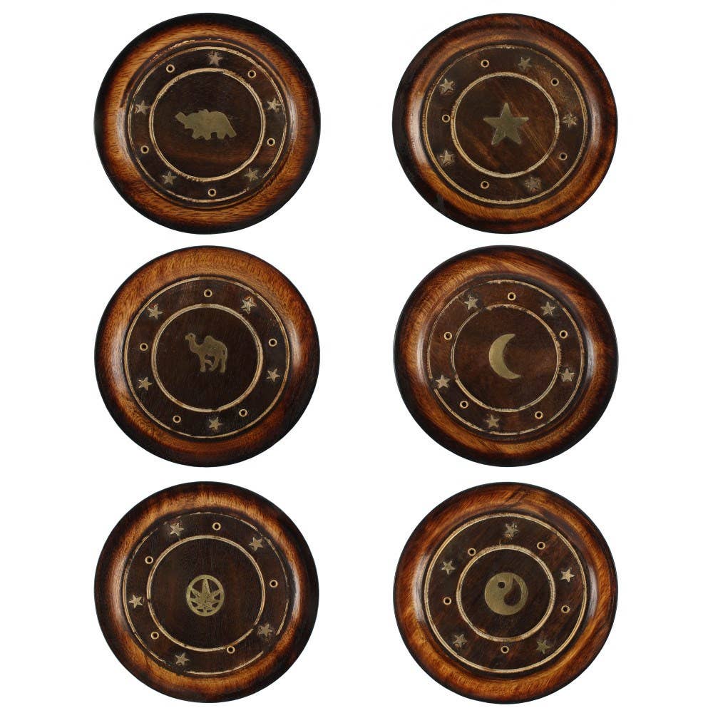 Mango Wood Round Plate Incense Holder with Brass Inlay