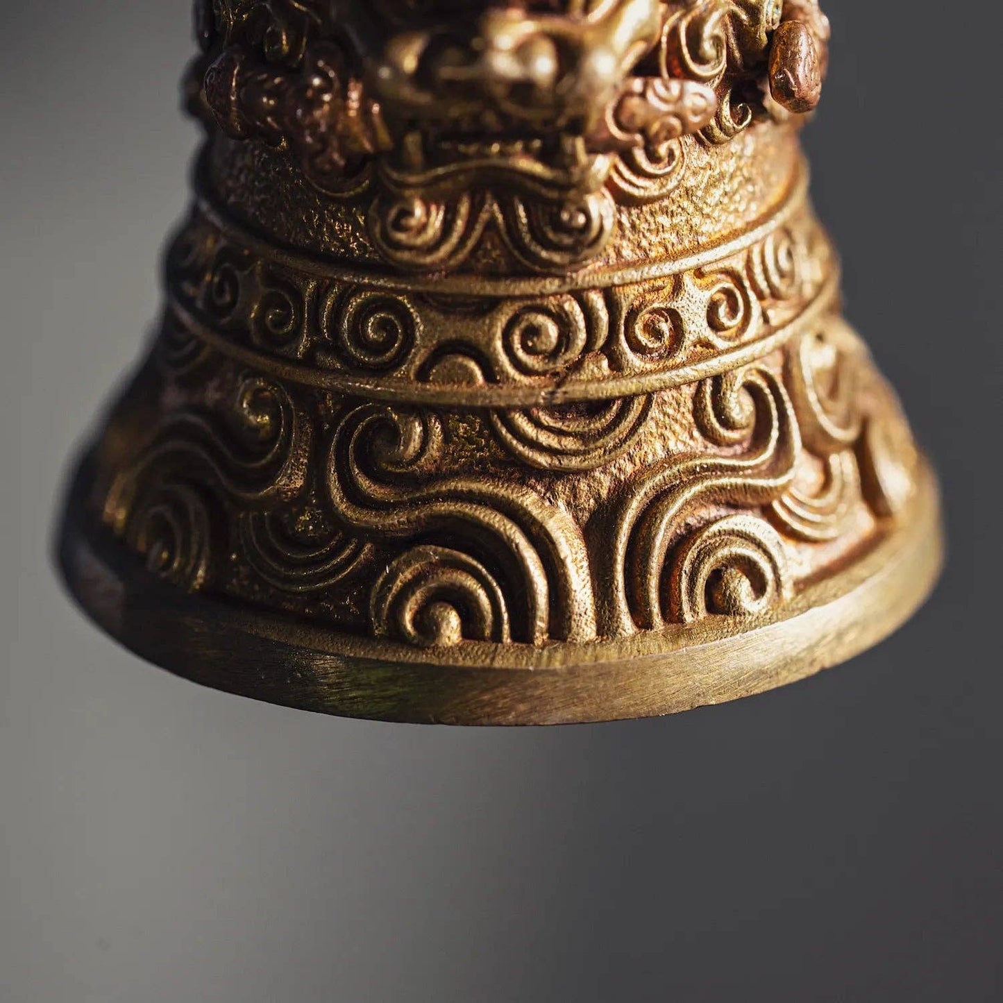 Lion-Biting Sword Bell: Brass & Silver