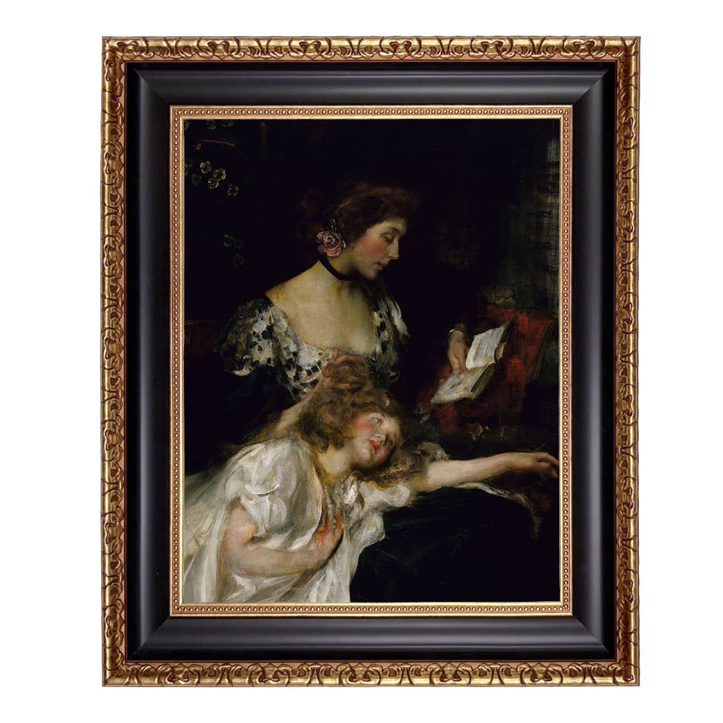 Portrait of Mother and Child Oil Painting Print on Canvas: Antique Black & Gold / 5" x 6"