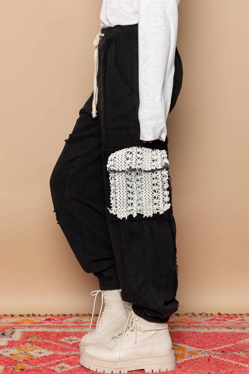 Tie waistband contrast crochet cargo pockets denim joggers: BLACK