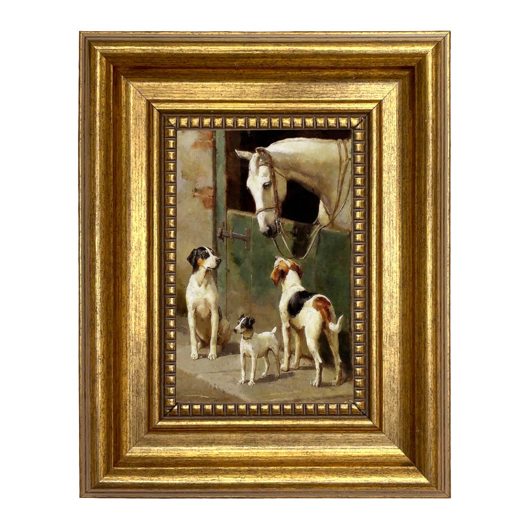 Dog and Horse at Stable Framed Oil Painting Print on Canvas: 8 x 10