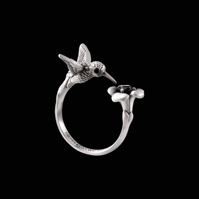 Hummingbird Ring: Oxidized Silver & Black Zircon / #6