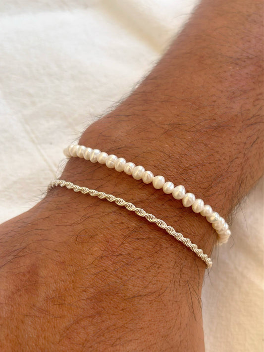 Men's Bracelet Silver Rope Chain, SIlver Bracelet: 21cm / Freshwater Pearls