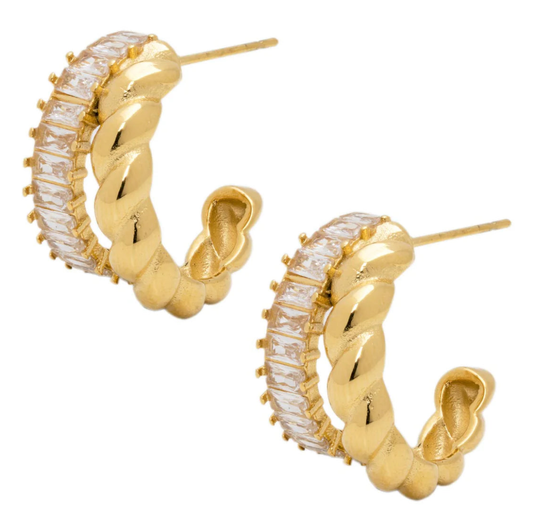 HoopLa Style - Double Hoop Earring- Croissant Twist Crystal Steel 14K