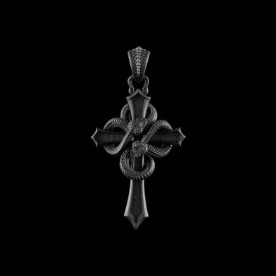 Double Snake Cross Pendant Black Chain