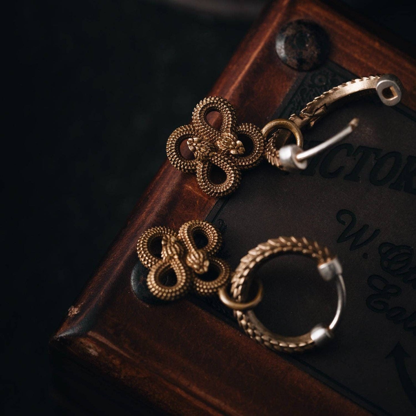 Double Snake Hoop Charm Earrings: Brass