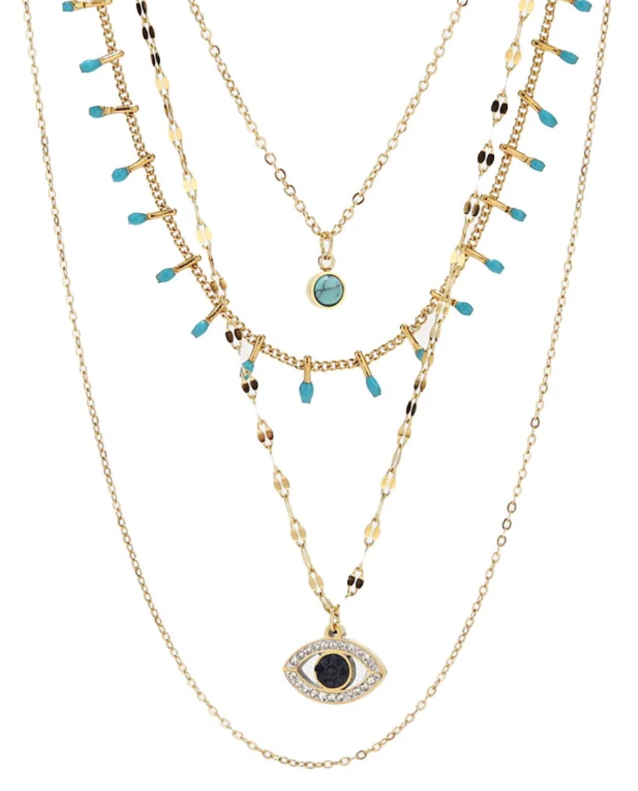 HoopLa Style - Electra- Evil Eye Turquoise Multi Strand Necklace