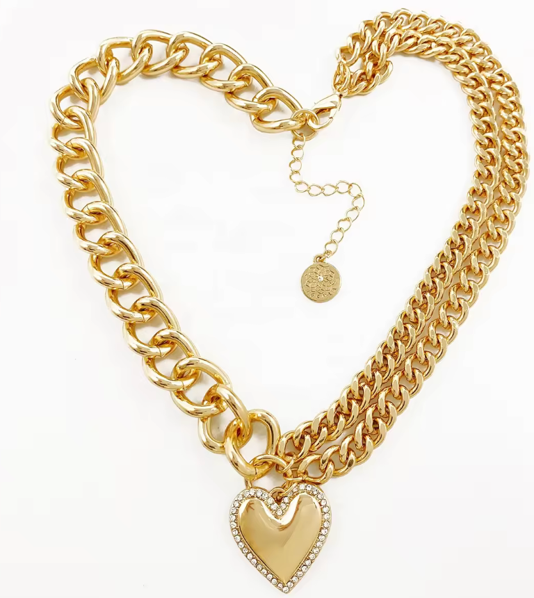 HoopLa Style - Whole Hearted Chain Heart Crystal Necklace: Yellow Gold