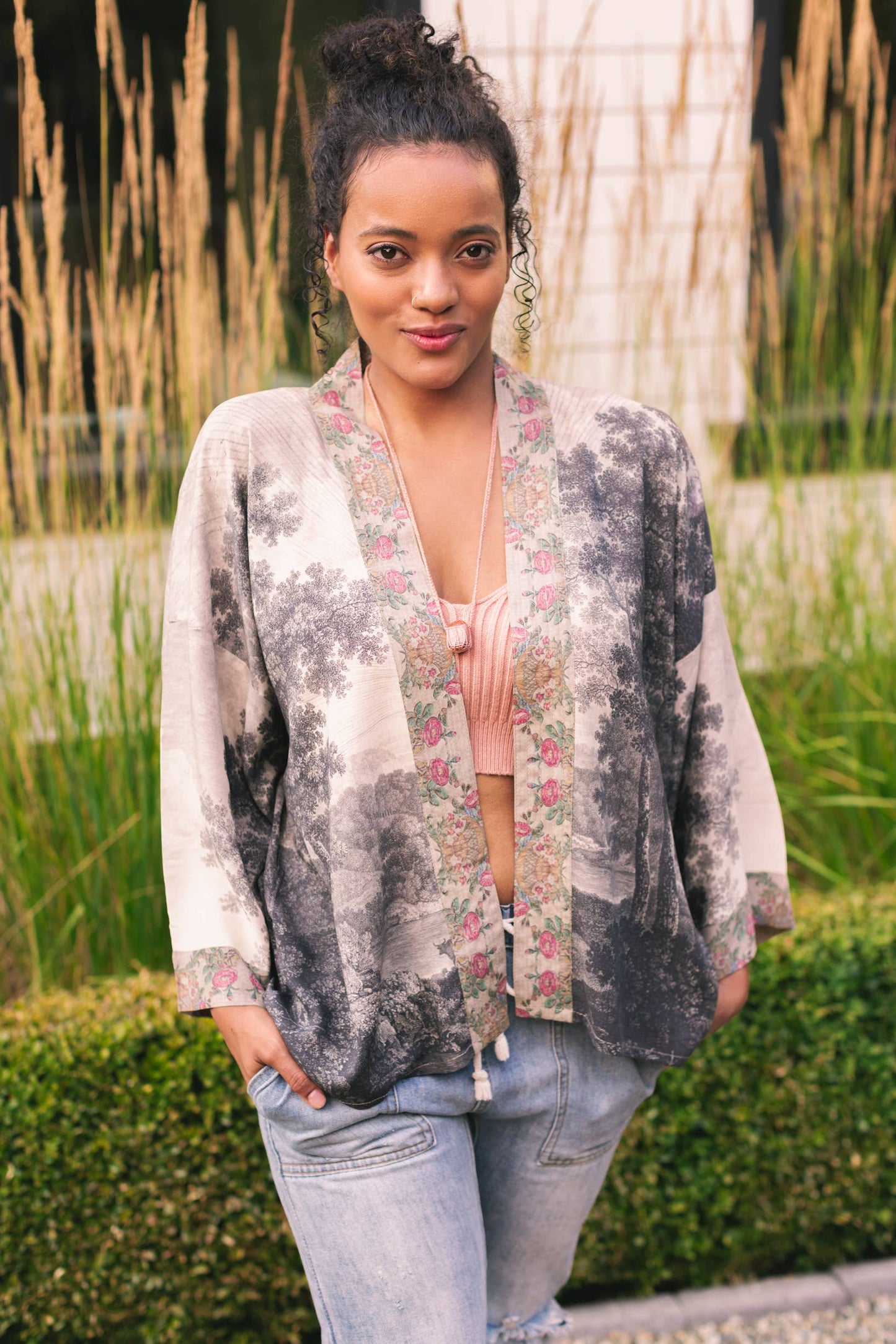 Still I Rise Cropped Bamboo Kimono Cardigan with Landscape