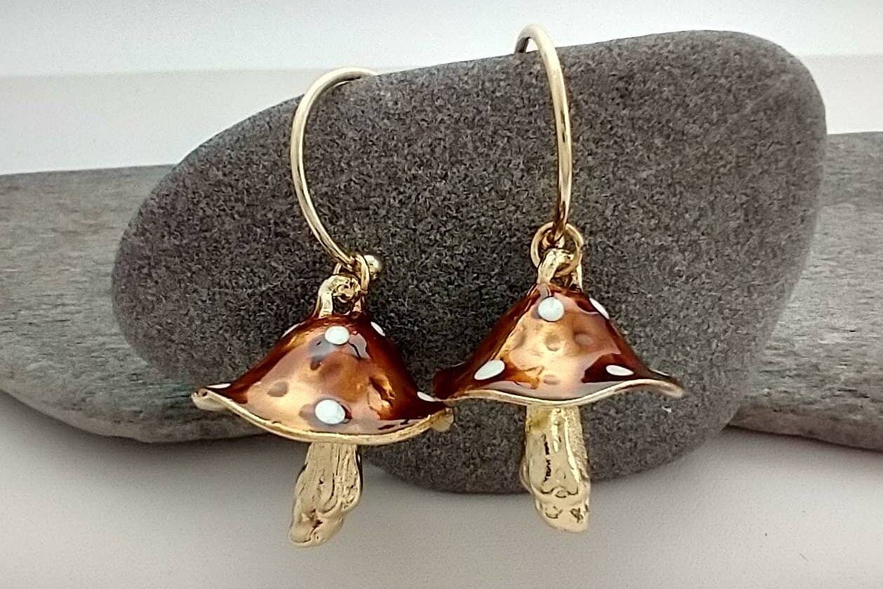 Piccadilly Pendants - Mushroom Statement Earrings, Hoop Earrings, Nature Jewelry: Gold / Pink & Yellow